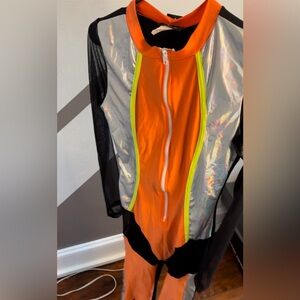 Knee length one piece w/ stretch & sheer sleeves.